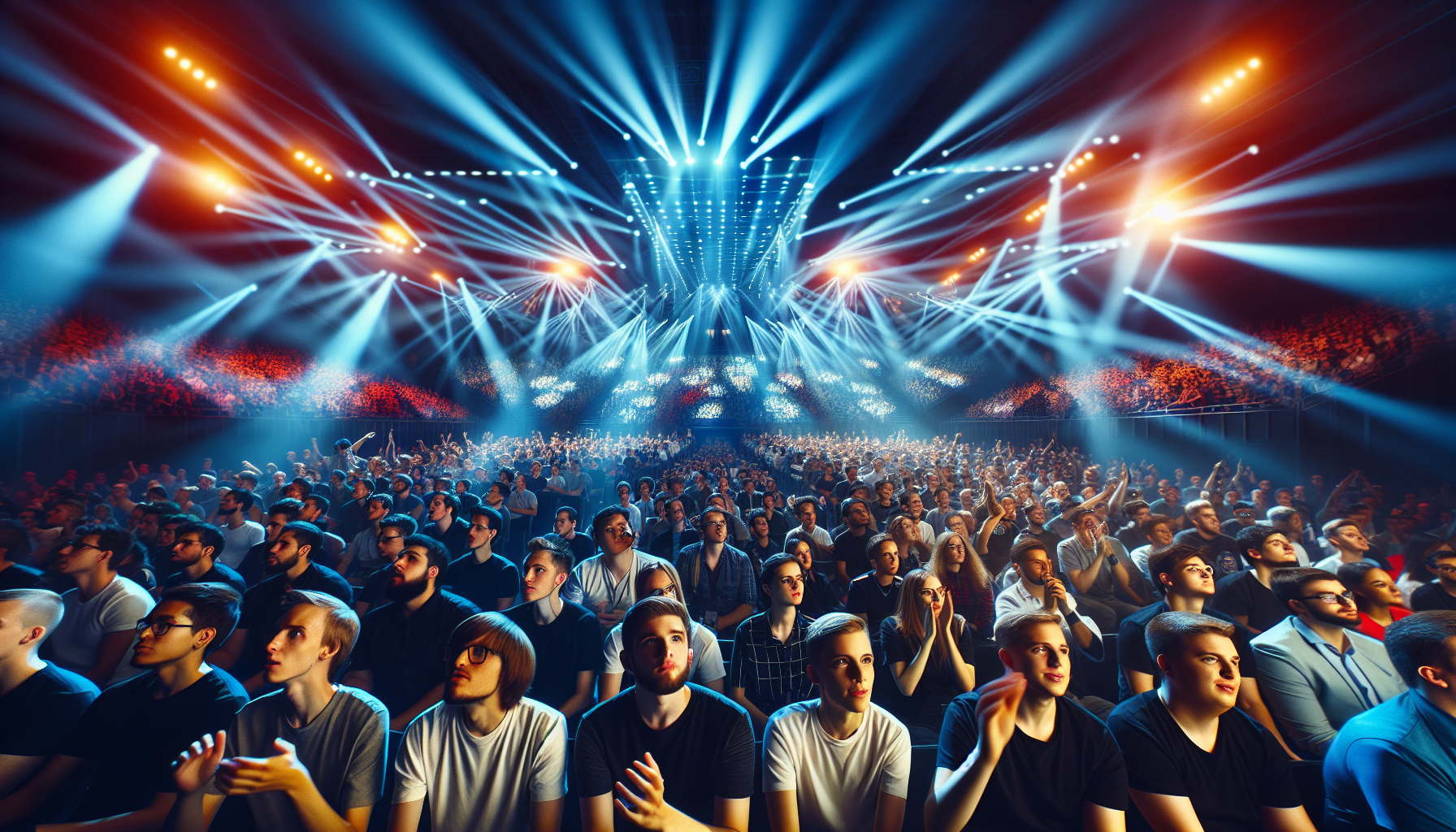 illustration of a large audience watching a live gaming event, colorful, dynamic lighting