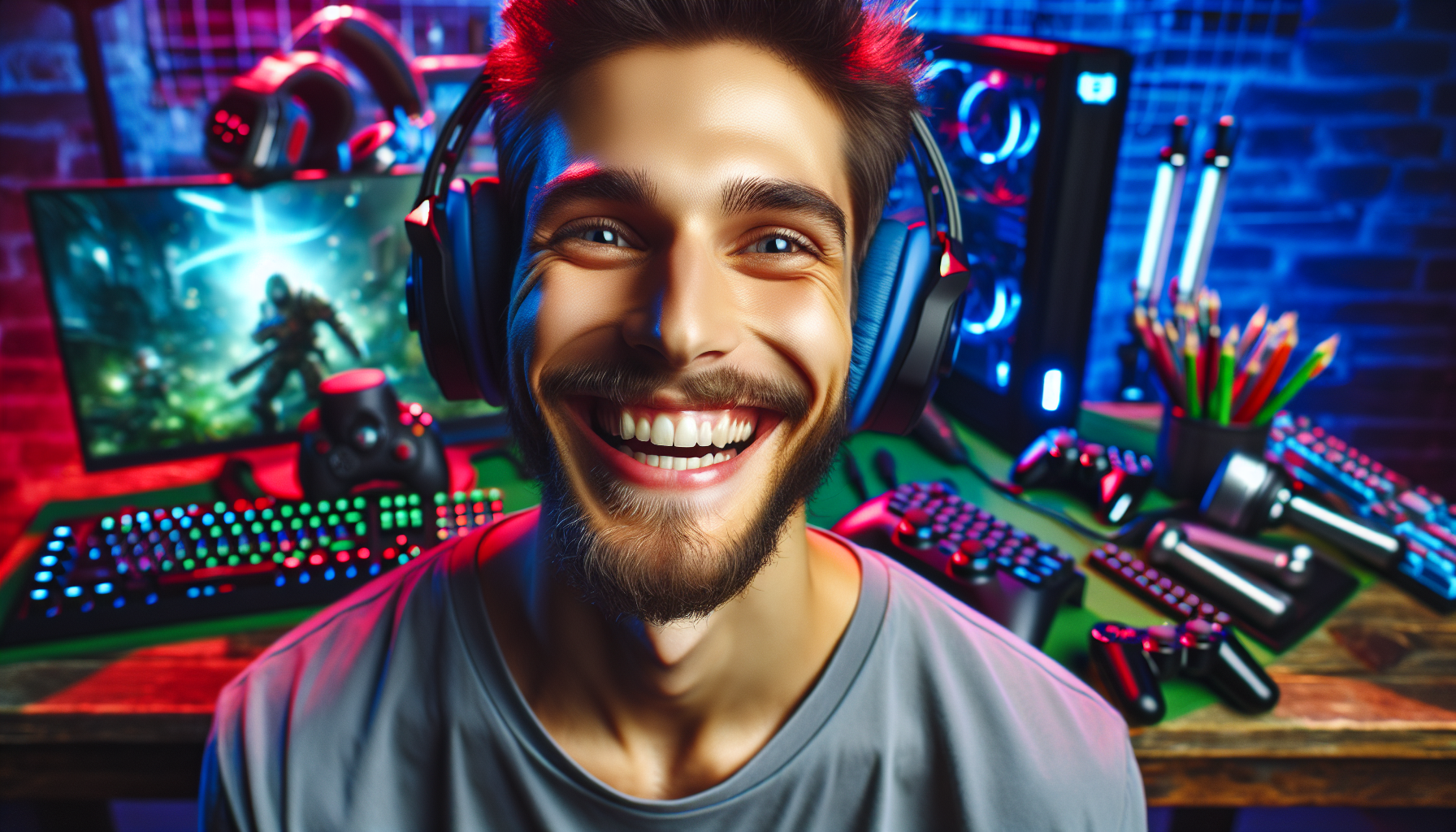 headshot of a gamer smiling at the camera with gaming equipment in the background, vibrant colors